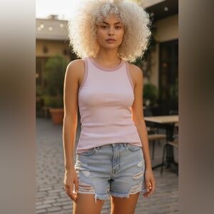 Pink Sleeveless Ribbed Tank Top